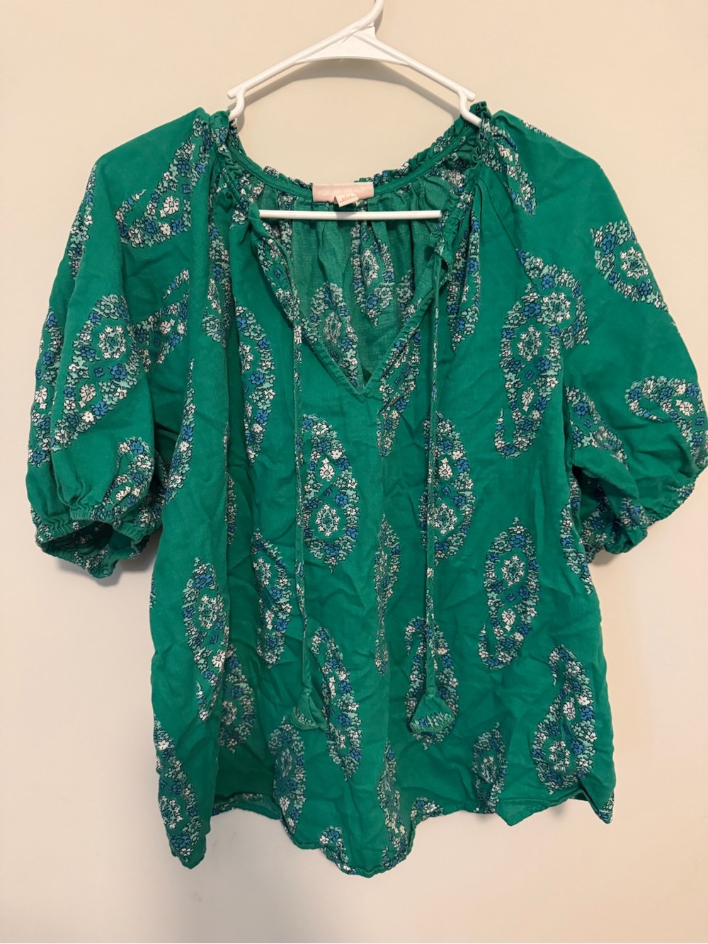 Knox Rose Emerald Green Paisley Tie-Front Puff Sleeve Blouse